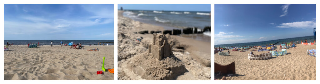 collage von drei Bilder, die den breiten Sandstrand in Rewal zeigt